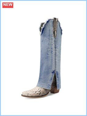 Womens Denim Knee High Cowboy Boots Pointed Toe Block Heel Pull On